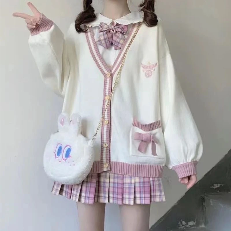 

Knitted Cardigan Sweet Girl Sweater Lazy Academy Style Loose Sleeve Harajuku Girl JK Uniform Kawaii Bow Decoration Cardigan Coat