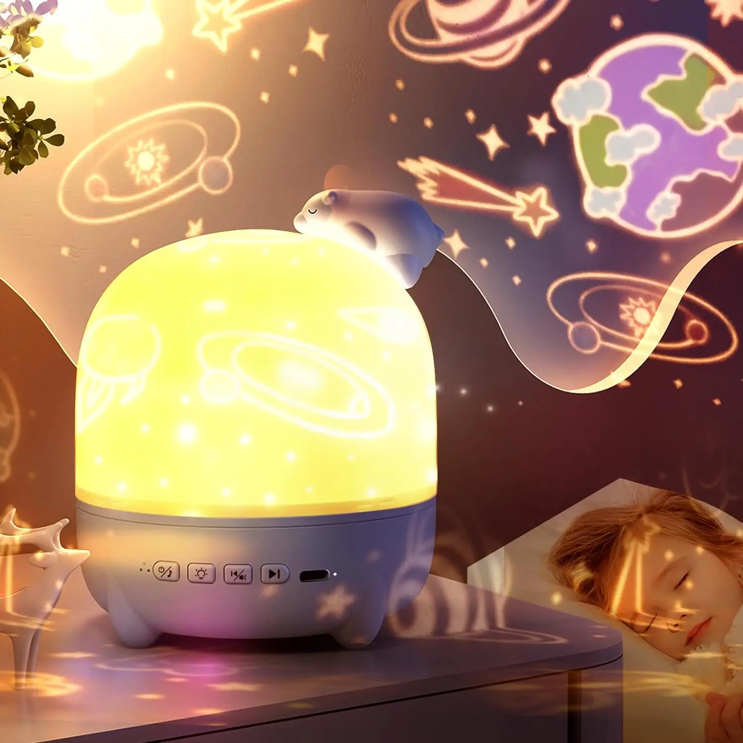 

Cute Kids LED Night Light Projector 360° Rotation Star Projector with Timer Rechargeable Room Decor Gift 14 Films Projector Lamp