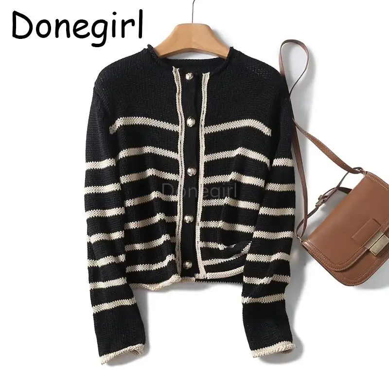 

Donegirl Women 2024 New Spring Autumn Fashion Round Neck Striped Knitted Sweater Coat Simple Elegant Cardigans Tops Female Chic