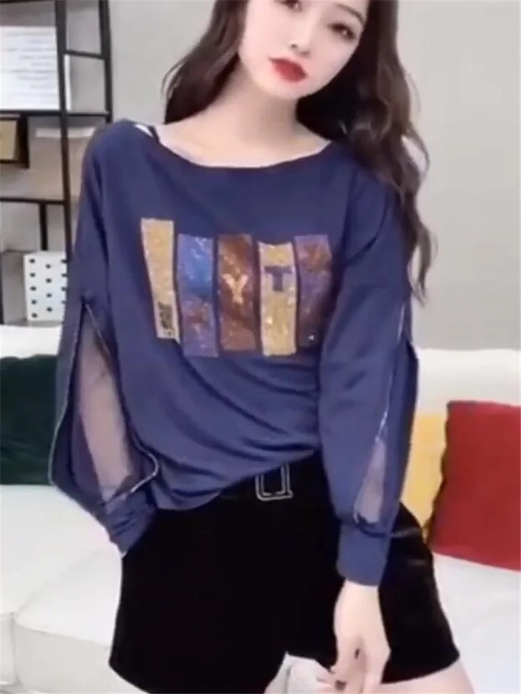 Fashion Letters T-shirt Ladies Tees Top Mesh Splicing Diamond Jumpper Top Thin Bottoming O-neck Bat Sleeve Basice Femme T-shirt
Fashion Letters T-shirt Ladies Tees Top Mesh Splicing Diamond Jumpper Top Thin Bottoming O-neck Bat Sleeve Basice Femme T-shirt