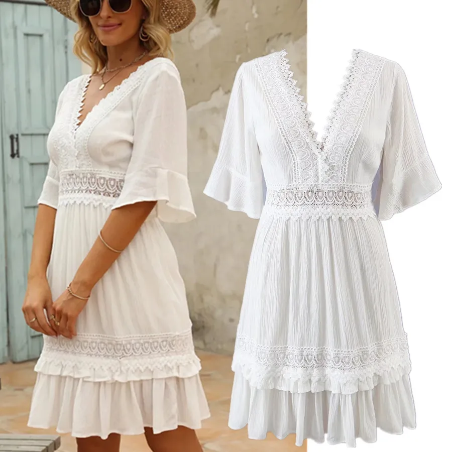 

Withered Summer Indie Folk Bohemian Style Lace Splicing V-neck Fashion Vintage Casual White Beach Sexy Mini Dress Women