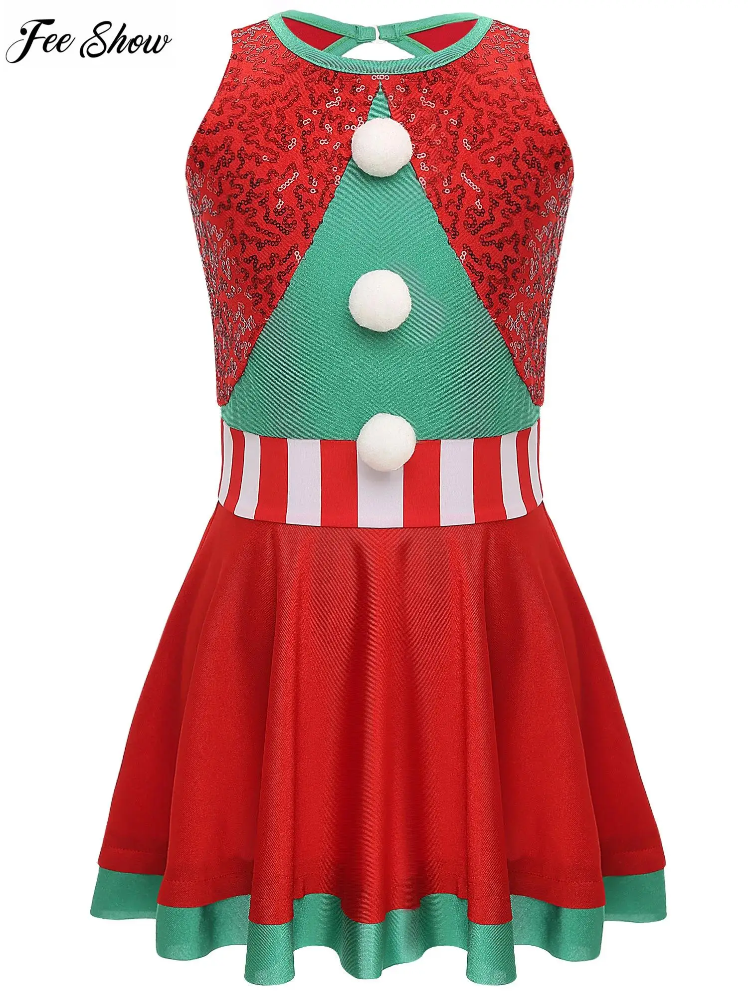 

Kids Girls Christmas Santa Sequin Dress Round Neck Sleeveless Cutout Pompom Contrast Dress Xmas Holiday A-Line Dress
