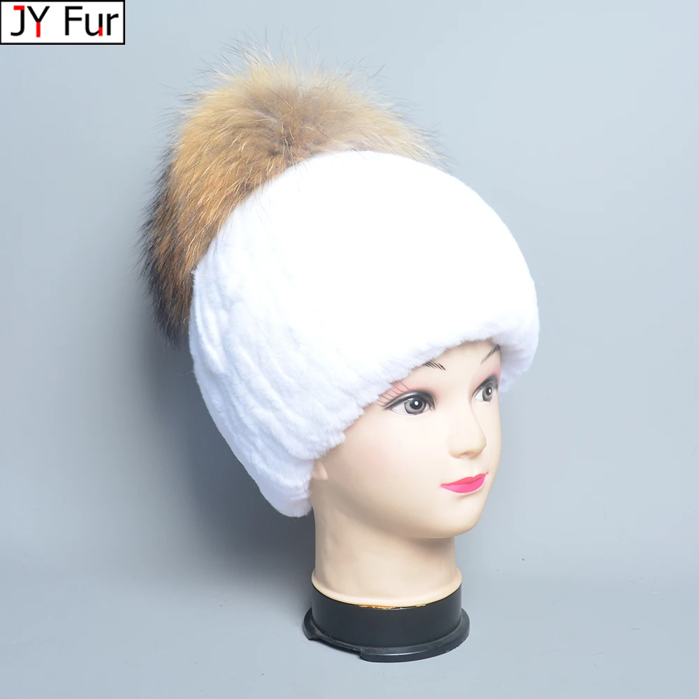 

Winter Lady Natural Rex Rabbit Fur Hat Women Warm Soft Genuine Rex Rabbit Fur Cap WIth Silver Fox Fur Ball Knitted Real Fur Cap