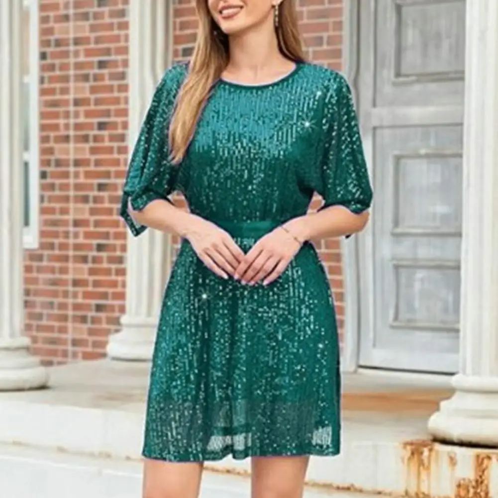 

Women Dresses Half Split Bat Sleeve Round Neck Shiny Sequin Double-layered Belted Tight High Waist Soft Club Party Mini Dress