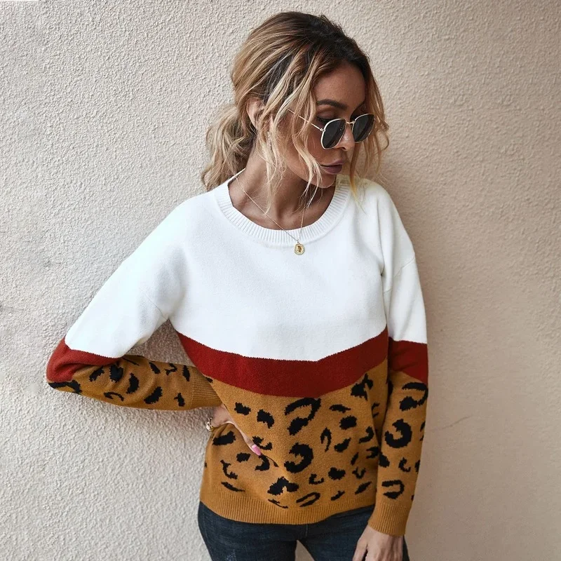 Women O-neck Full Sleeve Jumper Pullovers Khaki Brown Tops Fashion Leopard Patchwork Autumn Winter 2023 Ladies Knitted Sweater
Women O-neck Full Sleeve Jumper Pullovers Khaki Brown Tops Fashion Leopard Patchwork Autumn Winter 2023 Ladies Knitted Sweater