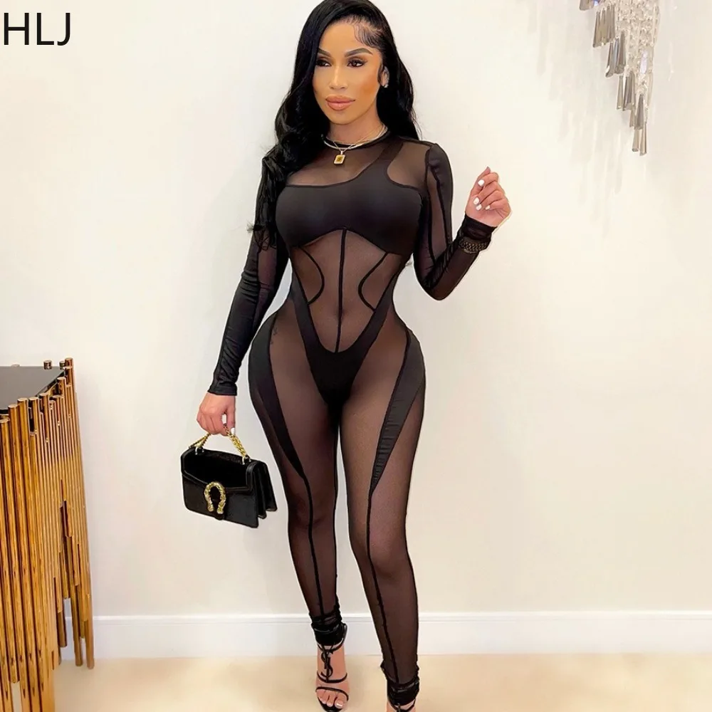 

HLJ Black Sexy Mesh Perspective Splicing Party Nightclub Jumpsuits Women Round Neck Long Sleeve Slim Playsuits Fashion Overalls