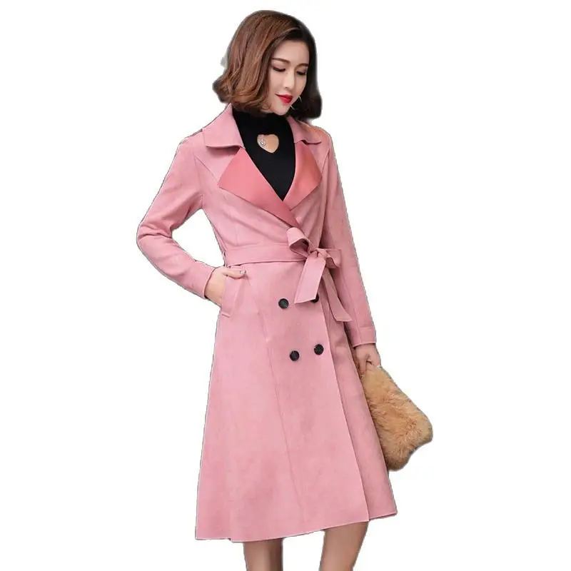 

Women Turn Down Collar Sash Suede Trench Coat Casual Double-Breasted Pocket Long Autumn Coat Outwear Overcoat Female Windbreaker