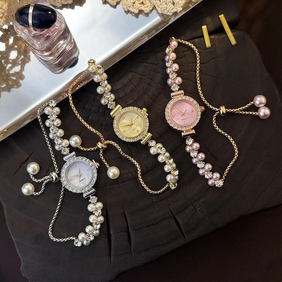 Double-Row Pearl Diamond-Encrusted Pull Rope Bracelet Women's Quartz Watch Romantic SweetStyle Fashion Luxury Niche Wristwatch Double-Row Pearl Diamond-Encrusted Pull Rope Bracelet Women's Quartz Watch Romantic SweetStyle Fashion Luxury Niche Wristwatch