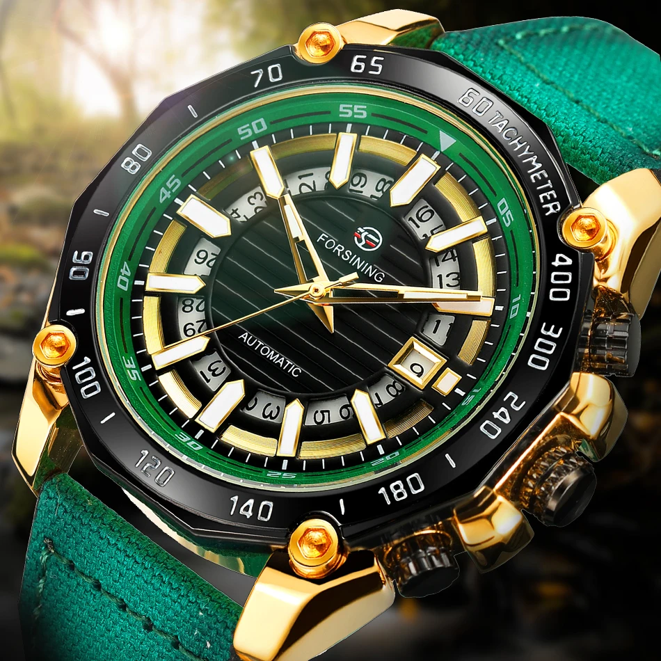 

FORSINING Brand Skeleton Watch Automatic Self Wind Mechanical Wristwatch with Green Linen Strap