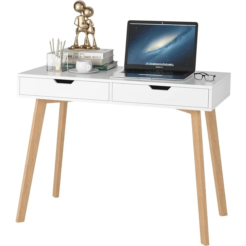 

Office Desks White Writing Desk with 2 Drawers, Small Desk Makeup Vanity Table Wood Desk with 4 Oak Legs,Office Desks