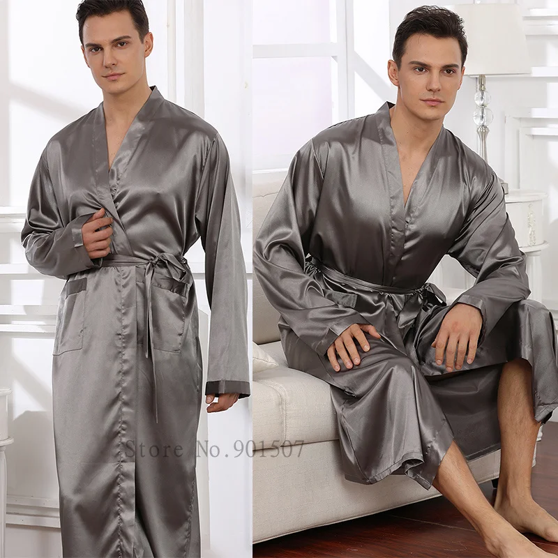

Men Homewear Satin Kimono Bathrobe Gown Solid Sleepwear with Belt Loose Long Sleeve Nightgown Groom Cardigan Home Dressing Gown