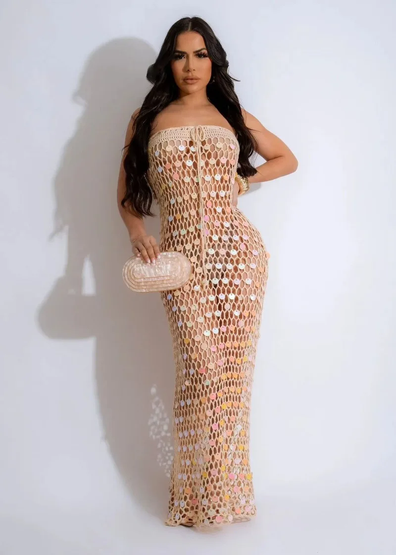 

Sequins Knitted Strapless Long Beach Dress Women Fashion Sexy Hollow Out Sleeveless Backless Lace Up Bikini Cover Ups Clubwear
