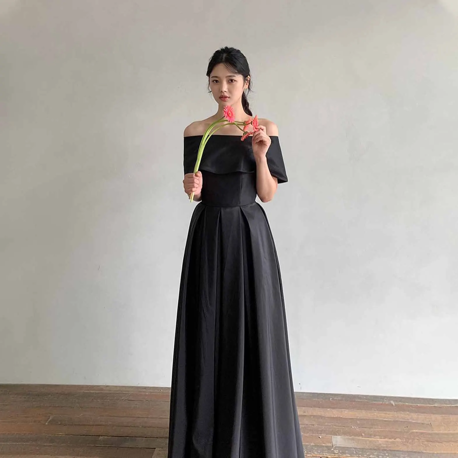 

GIOIO Off Shoulder Korea Garden Evening Dress Pleat Short Sleeve Formal 프롬드레스 Ankle Length Elegant Prom Growns Party Women Bride