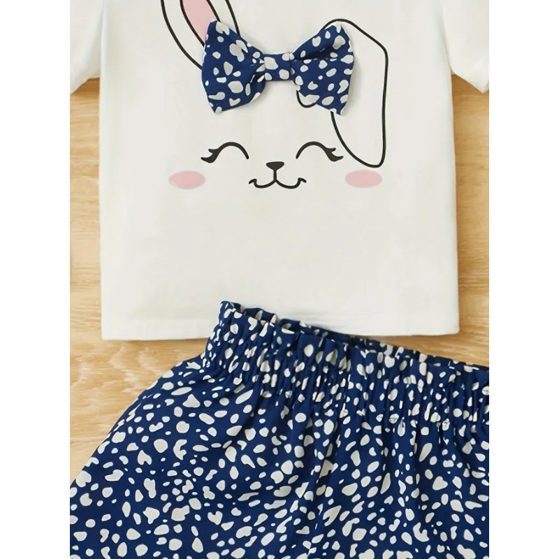 

Girls 2pcs Cute Cartoon Rabbit With Bow Print Summer Loungewear, Sweet Pattern Comfy PJ Set, Kid's Cozy Sleepwear Outfit
