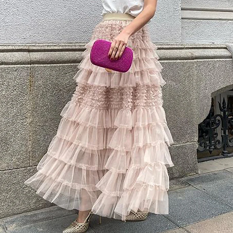 Women Elegant Elastic Waist Solid Long Skirts Summer Fashion Big Hemline Pink A-Line Skirts 2024 Sexy Mesh Splicing Cake Skirts
Women Elegant Elastic Waist Solid Long Skirts Summer Fashion Big Hemline Pink A-Line Skirts 2024 Sexy Mesh Splicing Cake Skirts