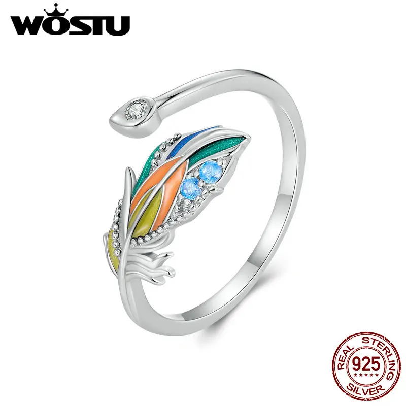 

WOSTU 925 Sterling Silver Rainbow Feather Open Ring Women Shiny Adjustable Statement Stackable Rings Wedding Party Jewelry Gift