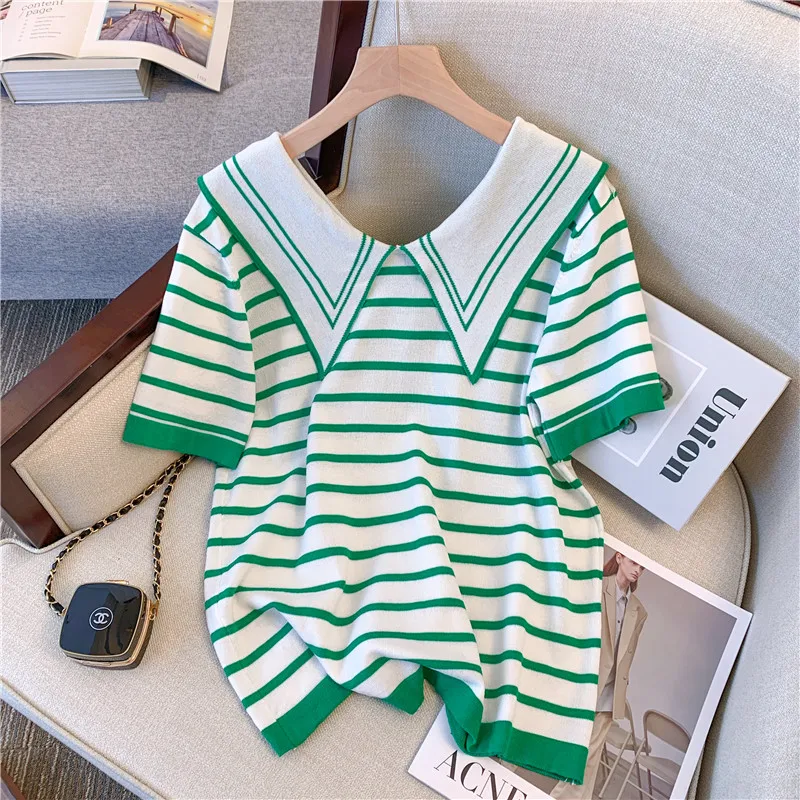 Oversized Stripe Short-sleeved T-shirt Sweater Women's 2022 Spring Summer Fashionable Basic Sweater Loose Lady Tops Black
Oversized Stripe Short-sleeved T-shirt Sweater Women's 2022 Spring Summer Fashionable Basic Sweater Loose Lady Tops Black