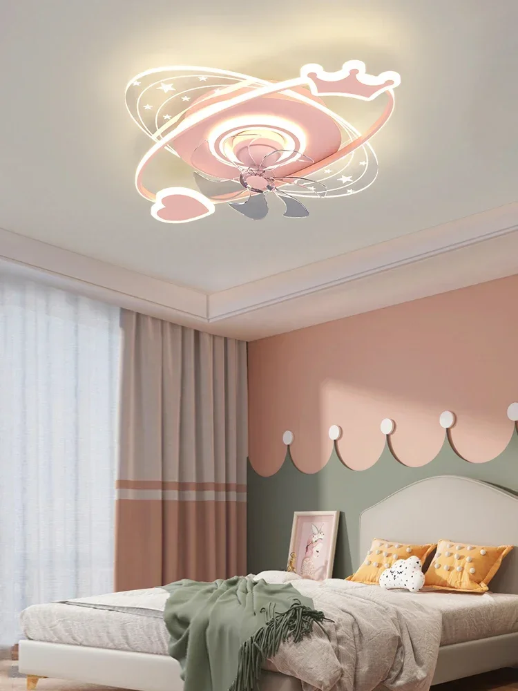 

Children's room fan light Nordic cartoon crown princess room ceiling light shaking head silent fan integrated led light 220V