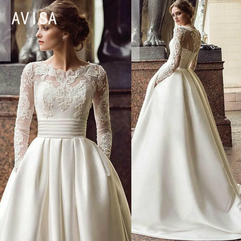 

Elegant Stain O-neck A-line Button Lace Wedding Dress Sweep Train 2024 For Women robe de mariée Bridal Gowns vestidos de novia