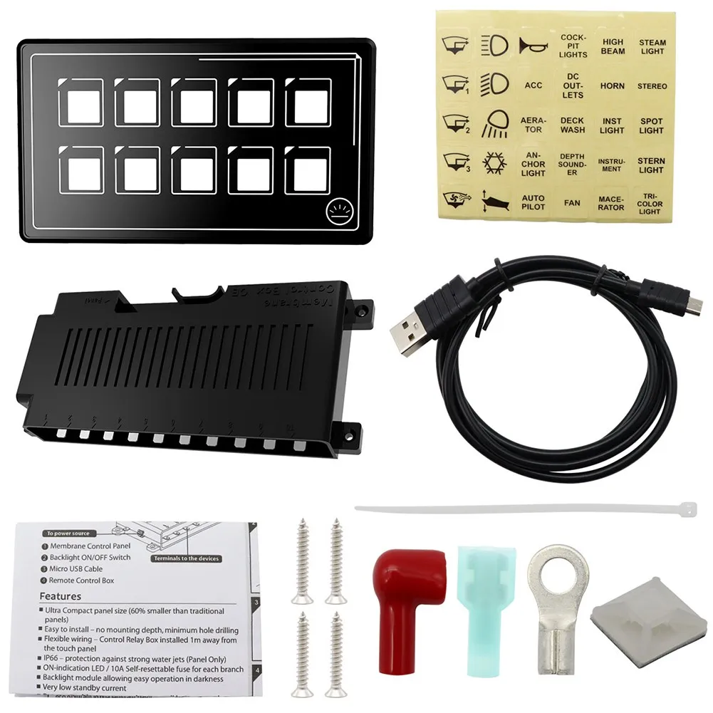 LED Touch 10Position Membrane Control Switch Panel With USB Cable DC 11-30V Sets For Auto/Boat/Caravan/Camper/RV Accessory
LED Touch 10Position Membrane Control Switch Panel With USB Cable DC 11-30V Sets For Auto/Boat/Caravan/Camper/RV Accessory