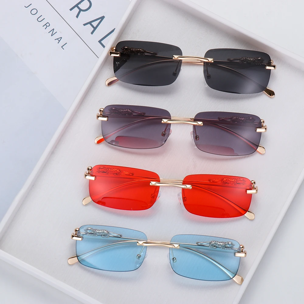 

Fashion Eyewear UV400 Cheetah Decoration Shades Rimless Rectangle Sunglasses Ocean Lens Sun Glasses