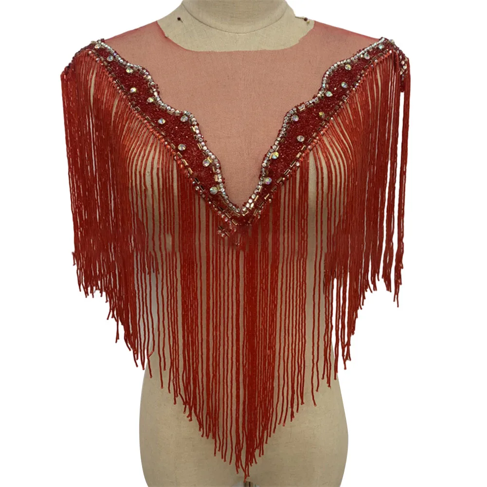 

Glamorous Embroidered Bead Tassel Collar Luxury Dress Accessory with Rhinestone Center Ideal for Weddings and Parties