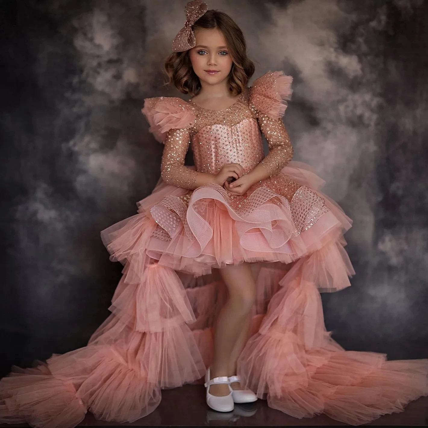 

Lowime Peach Pink High Low Tutu Shiny Daughter Birthday Party Dresses Full Sleeves Tiered Tulle Child Flower Girl Dresses Custom