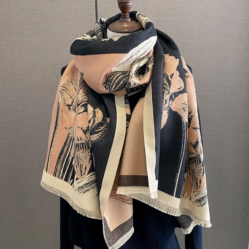 

Fashion Cashmere Scarves For Women Warm Wraps Long Shawls Floral Print Neckerchief Winter Pashmina Neck Scarfs Ladies 65x185cm