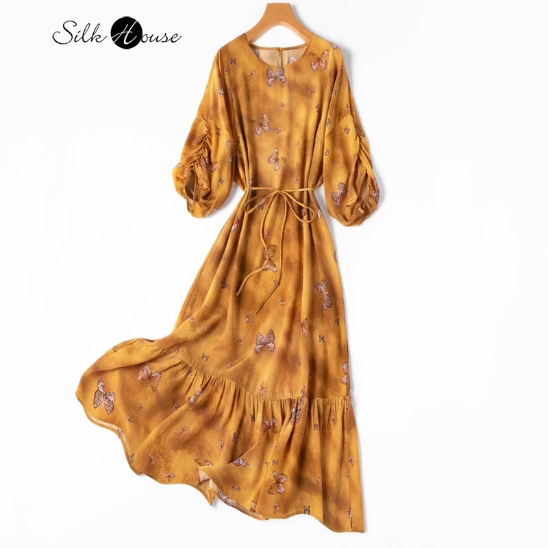 

Yellow Grass Dyed Romantic French 100%Natural Mulberry Silk Crepe De Chine Lantern Sleeves Ruffle Edge Large Swing Women's Dress