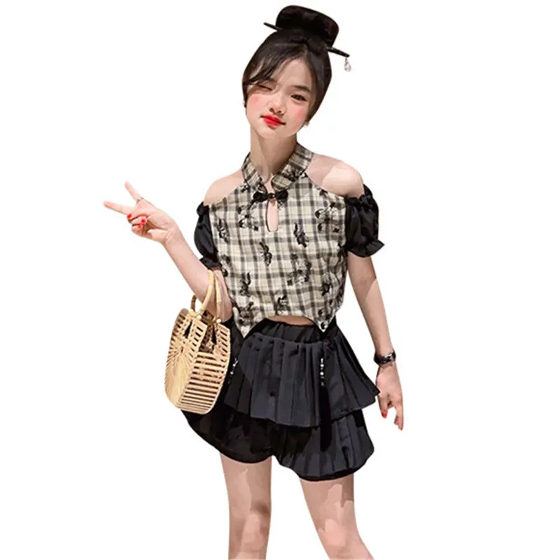 Summer Girls New Chinese Style Off-Shoulder Plaid Print Top+Skirt Set Performance Dance Costume Fashion Hip Hop Children Clothes
Summer Girls New Chinese Style Off-Shoulder Plaid Print Top+Skirt Set Performance Dance Costume Fashion Hip Hop Children Clothes