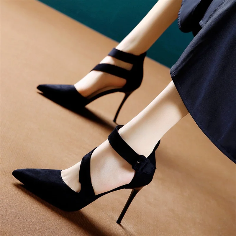 

Apricot Single Shoes 2023 Spring and Summer Small Fresh French Girl High Heels Black Suede Stiletto Sandals Pointed Toe Straps
