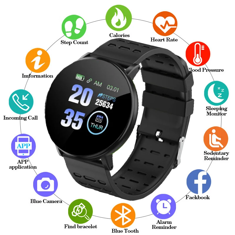 

119plus Smart Electron Clock Watch Men Women Blood Pressure Waterproof Sport Round Smartwatch Fitness Tracker For Android IOS