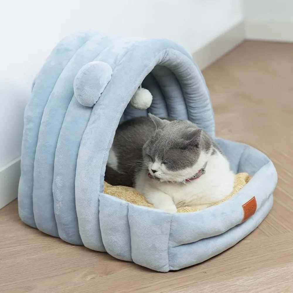 

Cat bed for indoor cats, all-season cat hole soft premium non-slip cotton cat bed with reversible padded pillows