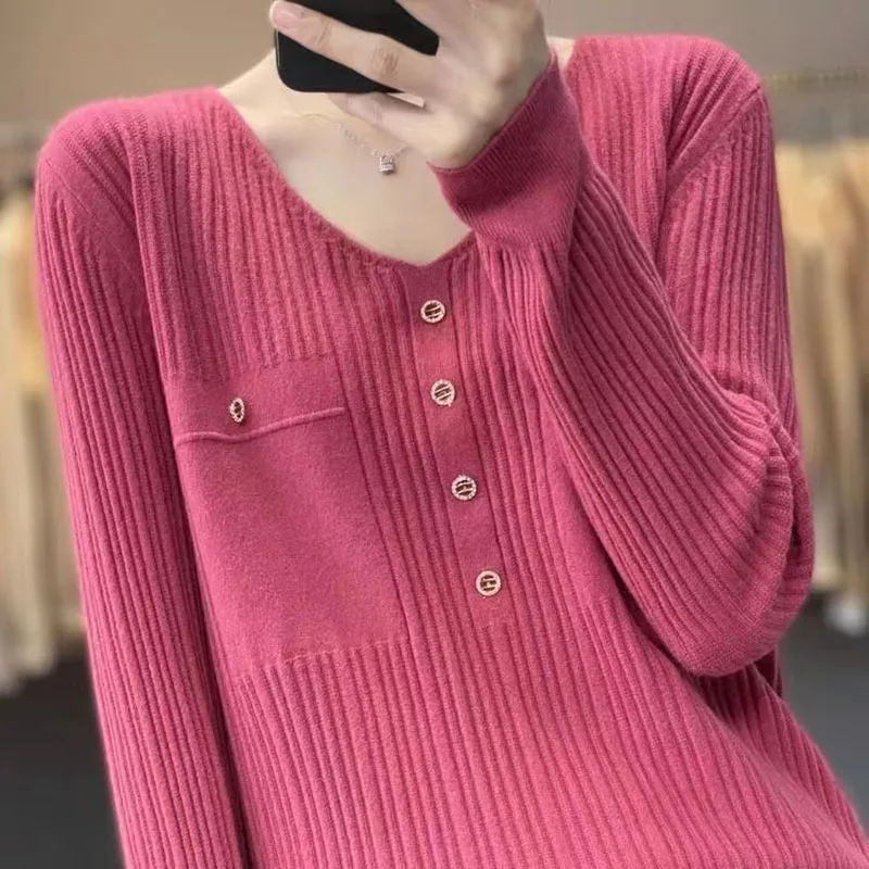 

2024 Autumn Women Sweater Pullover V-neck Casual Long Sleeve Slim Korean Simple Basic Cheap Jumper Solid Knitwear Tops Female
