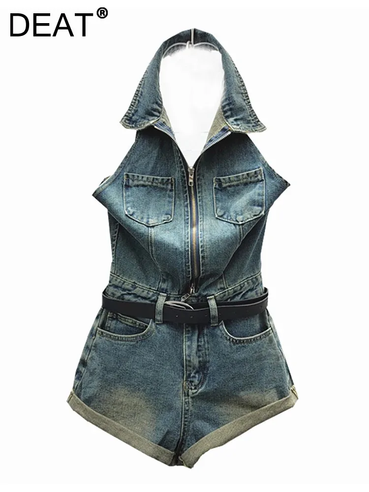 

DEAT Women's Denim Jumpsuit Zipper Backless Belt Wide Leg Hollow Out Cuffs High Waist Sexy Playsuit 2024 Summer New Fashion