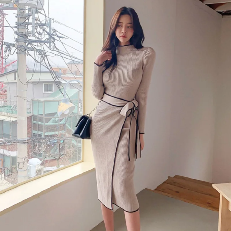 

South Korea Chic Spring Autumn Y2k Fashion Retro Niche Semi-High Neck Slim-Fit Temperament Match Color In Long Strap Knit Dress