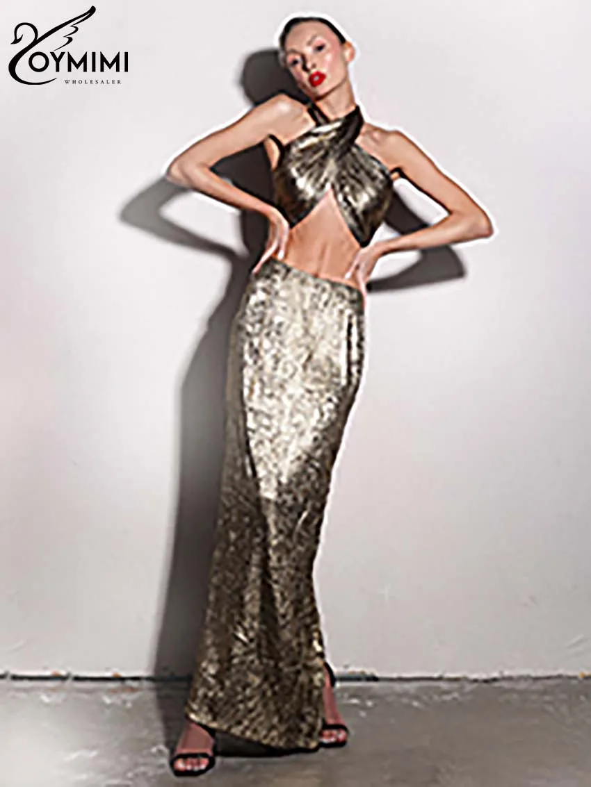 Oymimi Fashion Gold Two Piece Set For Women Summer Sexy Halter Sleeveless Crop Tank Tops And Straight Floor-Length Skirts Sets
Oymimi Fashion Gold Two Piece Set For Women Summer Sexy Halter Sleeveless Crop Tank Tops And Straight Floor-Length Skirts Sets
