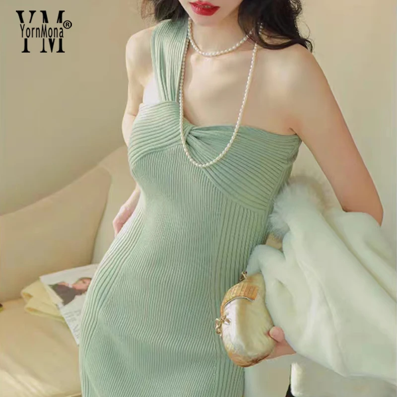 

YornMona Sexy Package Hips Bodycon Knitted Dress 2023 New Summer Elegant Knot One-shoulder Vacation Party Long Dress Vestidos