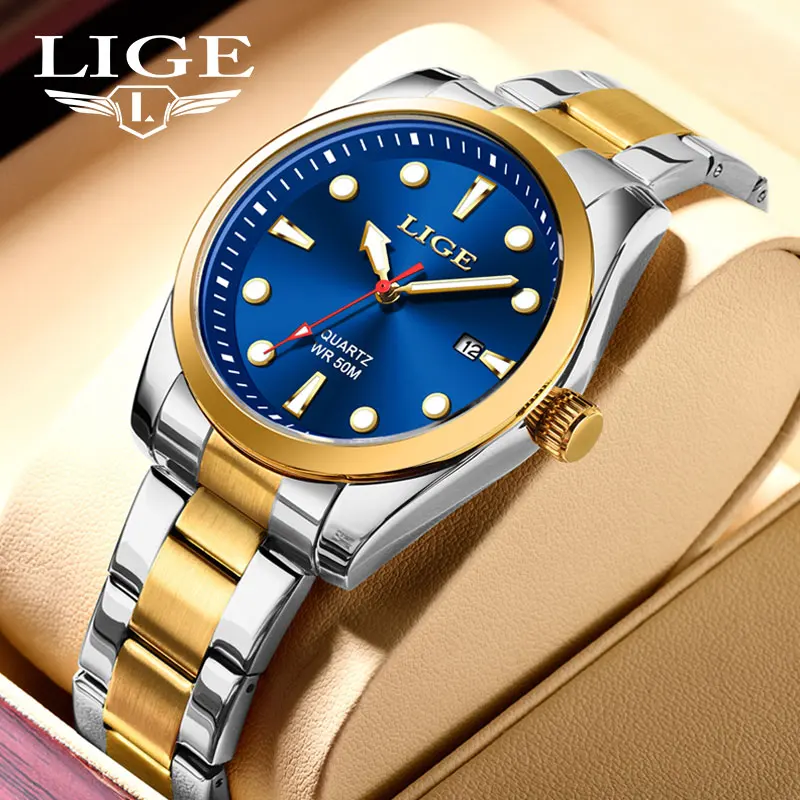 

Часы LIGE мужские Кварцевые водонепроницаемые 50 м, модные роскошные классические деловые светящиеся наручные, с календарем, с браслетом из нержавеющей стали