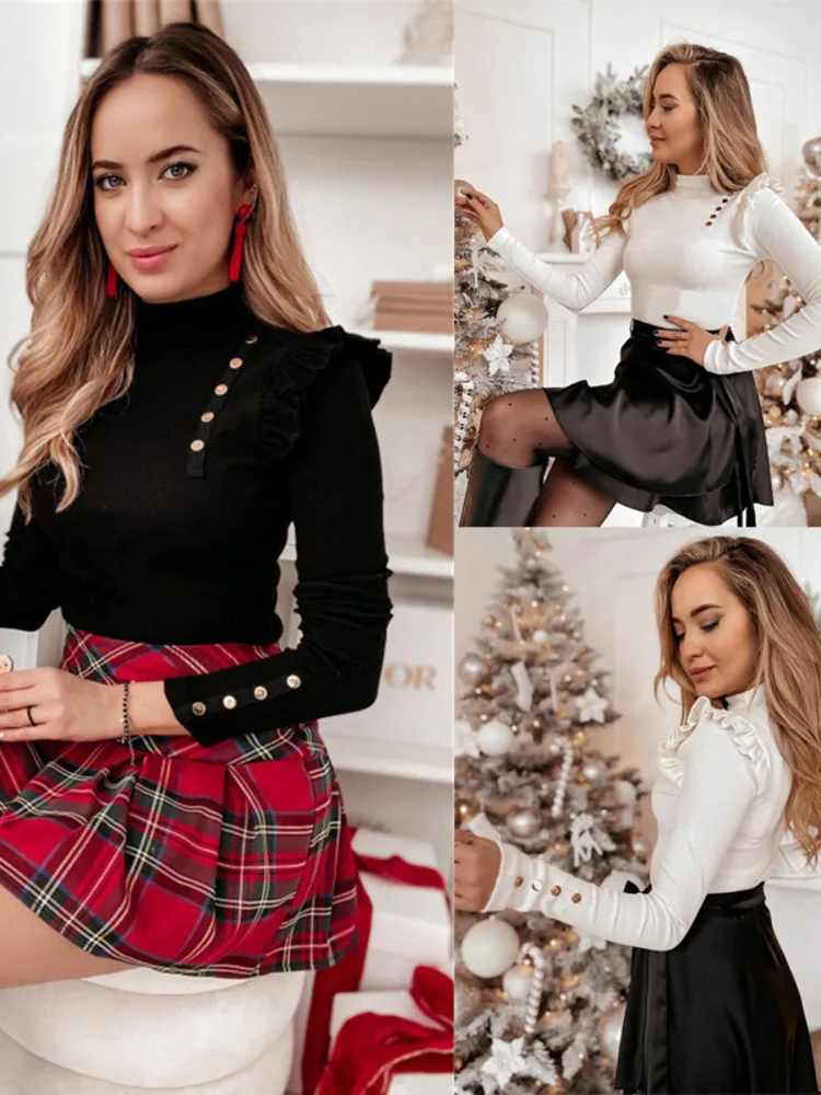Long Sleeve Tops Slim Button Casual Ruffles Half High Collar Solid Color Fashion Temperament Pullover Patchwork Women Tshirt
Long Sleeve Tops Slim Button Casual Ruffles Half High Collar Solid Color Fashion Temperament Pullover Patchwork Women Tshirt