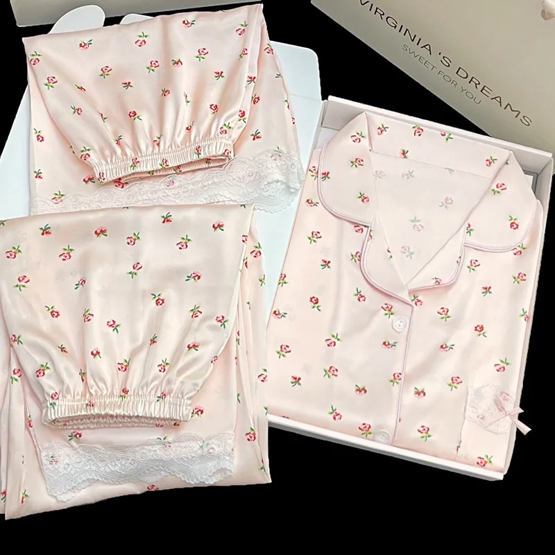 

New French Pajama Lace Summer Spring Short Sleeves Three Piece Set Flower Young Girl Sleepwear Women Homewear Sweet Pyjamas Thin