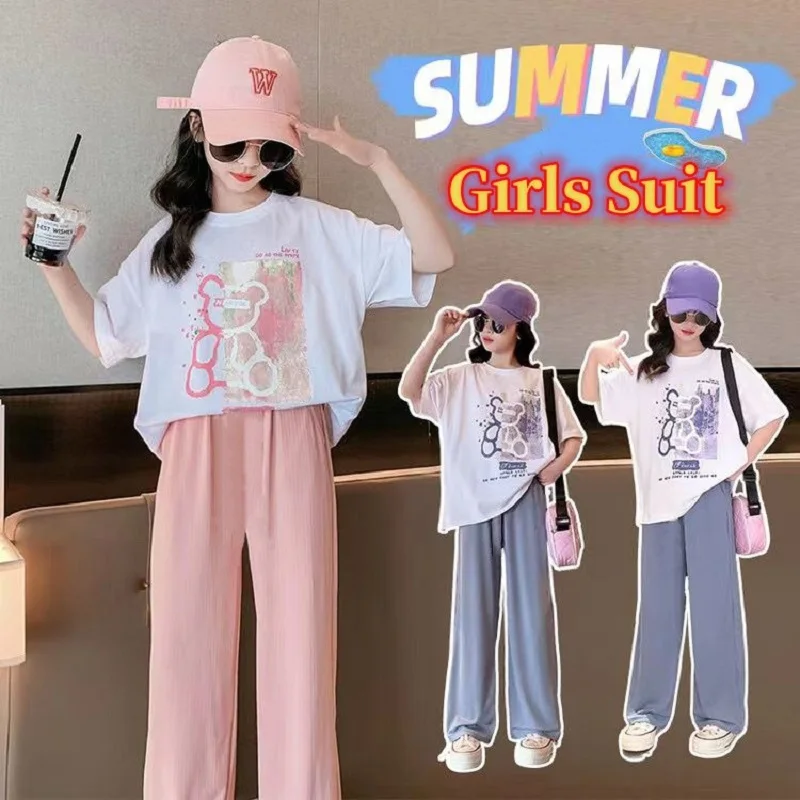 

Summer Girls Cotton Cartoon Printed T-Shirt Tops+Lightweight Ice Silk Pant Sets School Kids 2PCS Tracksuit Child Outfits 5-16 Yr