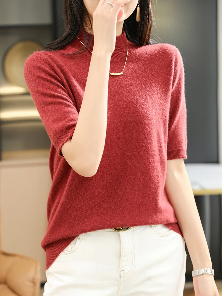 

Fashion Women Pullovers Mock-Neck Short Sleeve 100% Merino Wool Knitwear Spring Summer Female T-shirt Pure Color Women Sweater