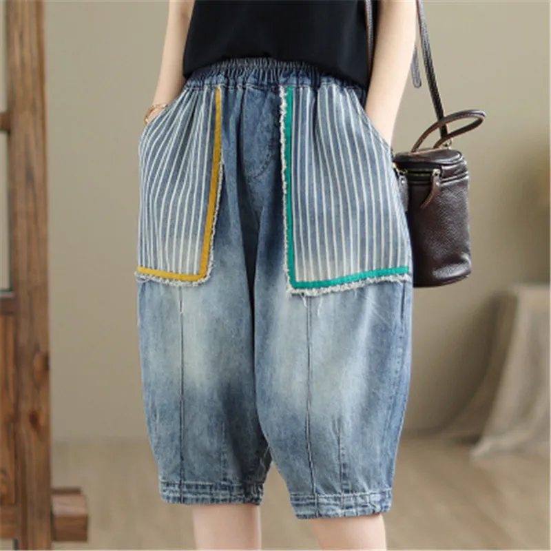 

New Arrival 2024 Summer Arts Style Women Elastic Waist Patchwork Cotton Denim Harem Pants Big Pocket Vintage Jeans Cropped Pants