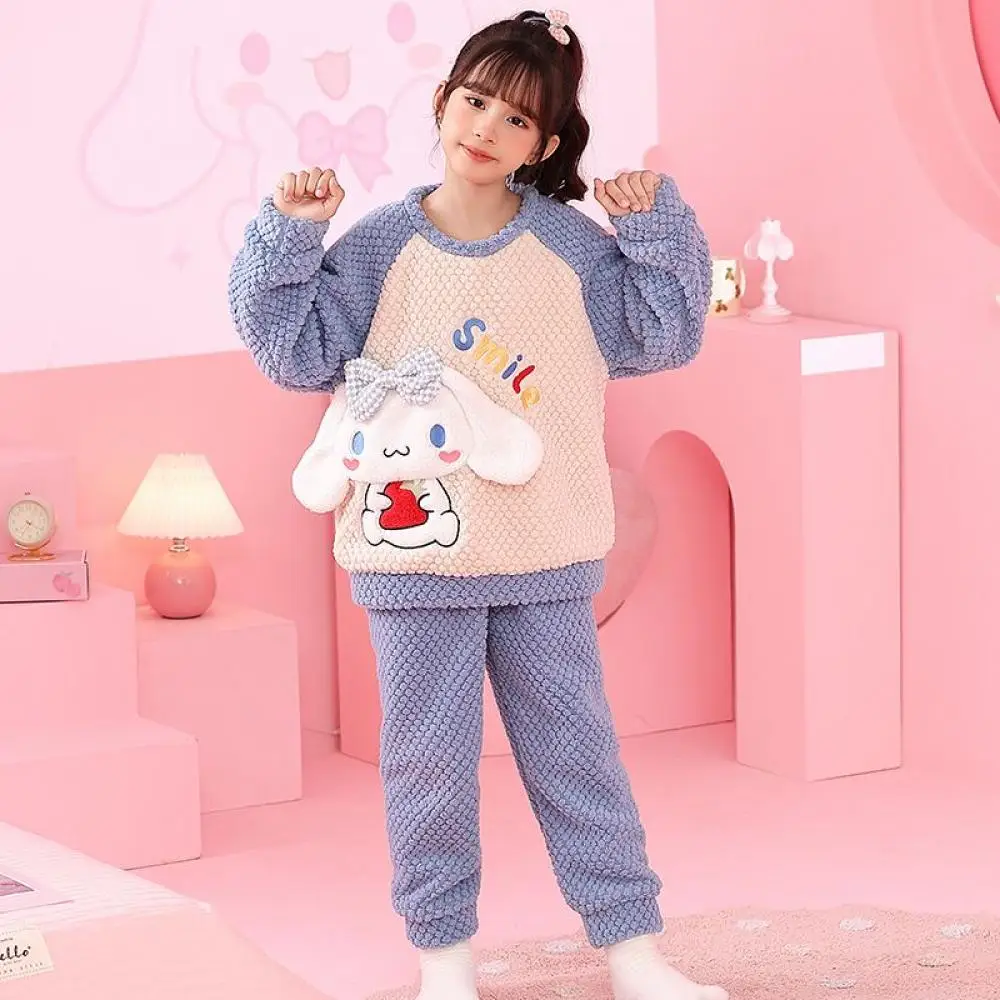 

Sanrio Cinnamoroll Kuromi Pochacco Girls Boys Flannel Pajamas Set Kids Thickened Warm Homewear Children's Autumn Winter Clothing