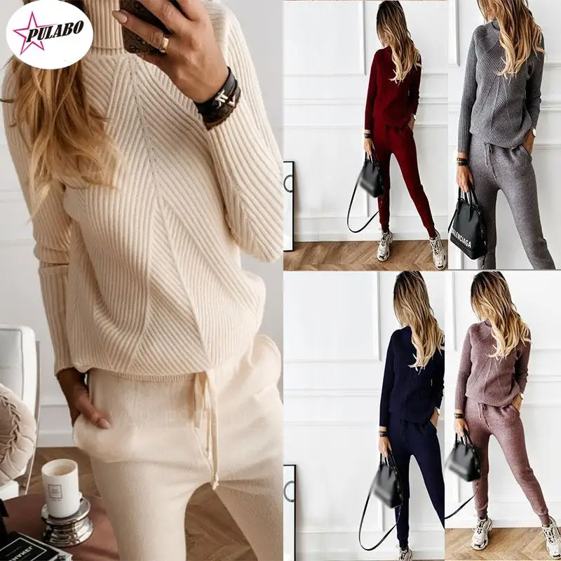 

Autumn Women's Knitting Costume Turtleneck Solid Color Pullover Sweater + Slim Skirt Two-Piece Set