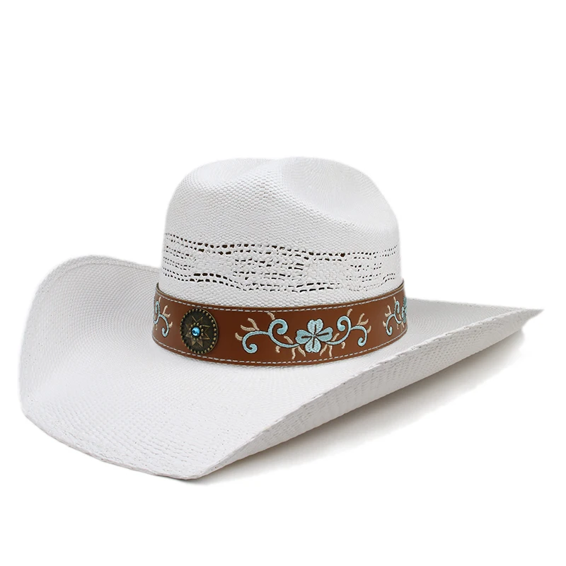 

Retro Embroidery Hollow-out Yellowstone Hard Straw Beach American Western Wide Brim Cowboy & Cowgirl Sun Hat Pinch Front 55-61cm