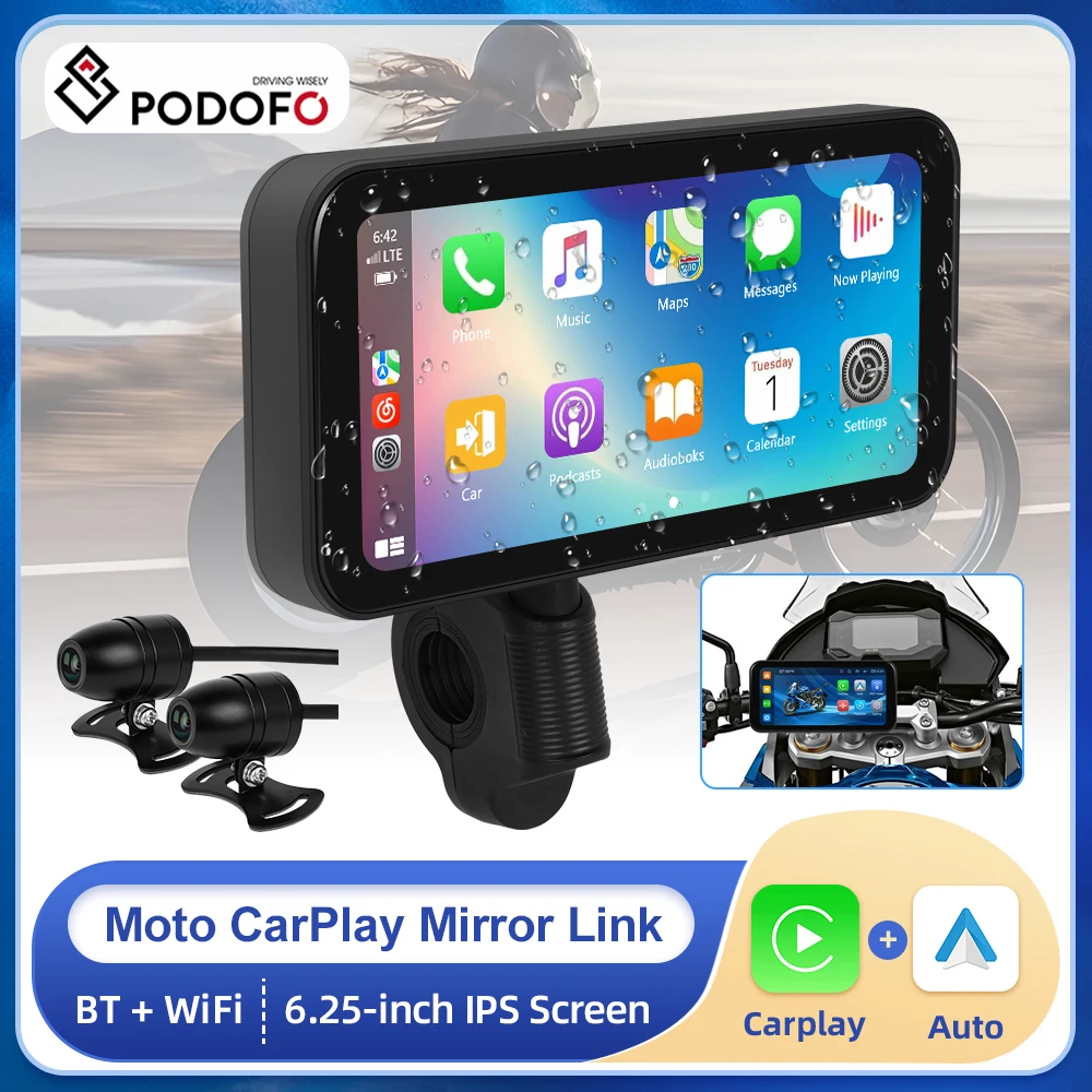 

Podofo 6.25inch Motorcycle Carplay MP5 Portable Smart Player Wireless Carplay Android auto with Front&Back Camera Motorcycle DVR