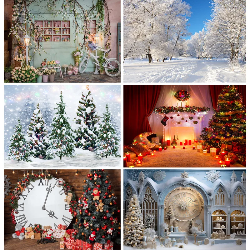 

Christmas Day Presents Flower Wreath Photography Backrops Window Gift Pine Tree Fireplace New Year Theme Photo Background DRG-16