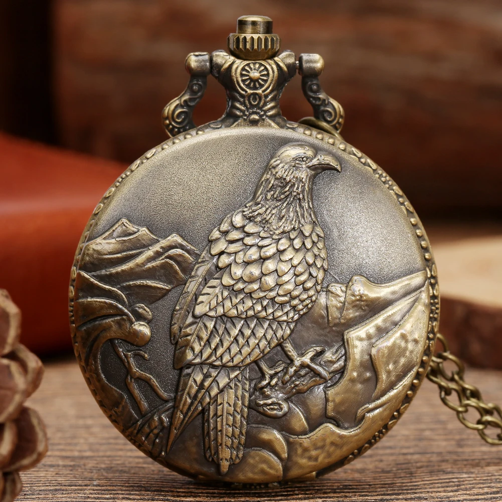 

Retro Mountain Eagle Quartz Analog Pocket Watch with Bronze Necklace Chain Vintage Steampunk Pendant Pocket Clock Gift Men Women